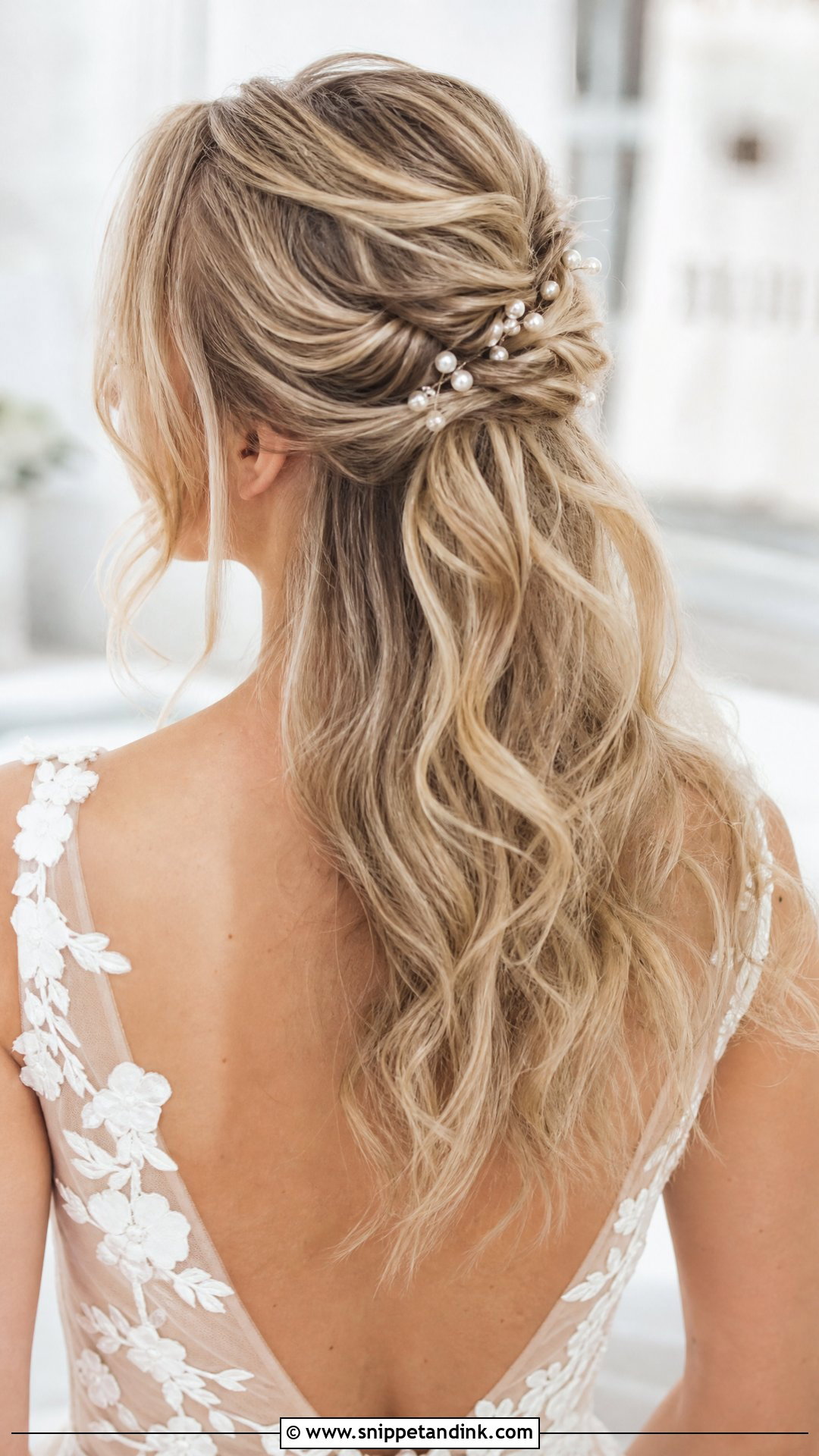 Tousled Half Up With Pearl Pins - Snippet and Ink - 20 Mid Length Wedding Hair Ideas