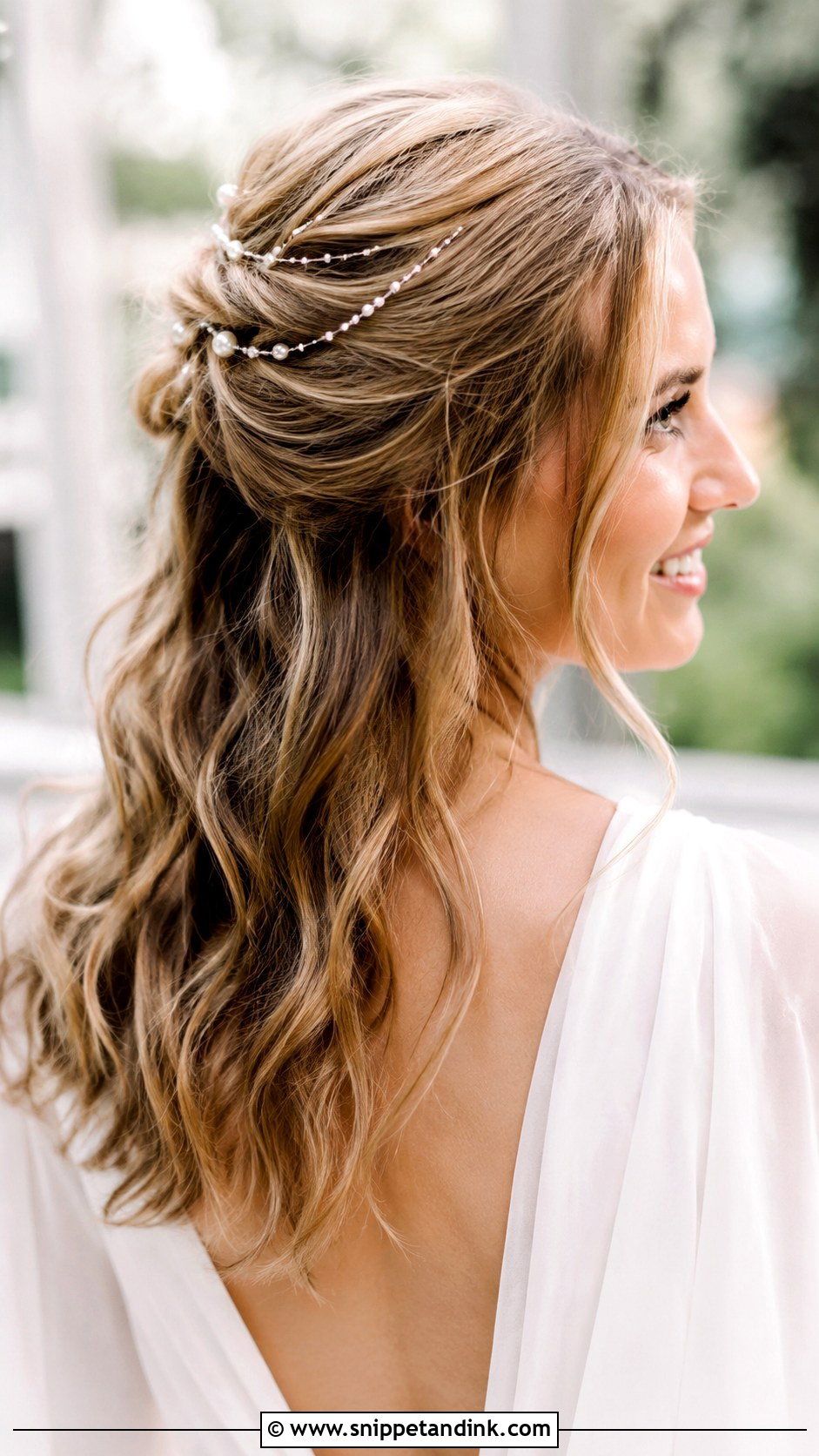 Tousled Half Up With Pearl Strands - Snippet and Ink - 20 Wedding Hairstyles with Pearls