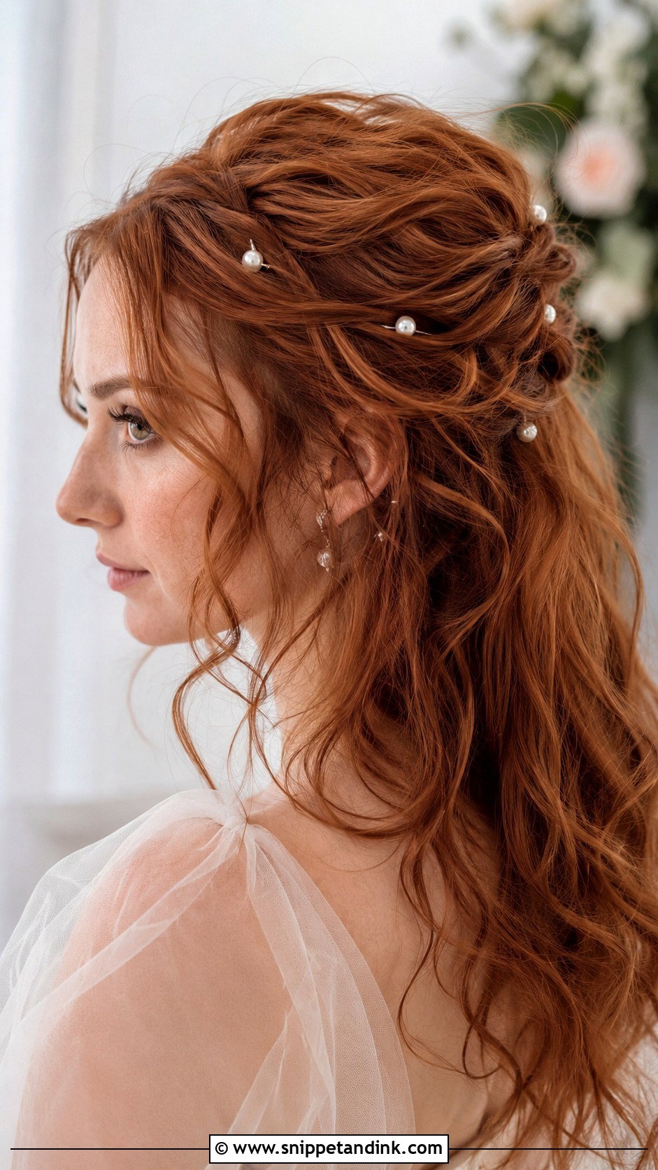 Tousled Half Up With Pearls - Snippet and Ink - 25 Shoulder Length Wedding Hairstyles