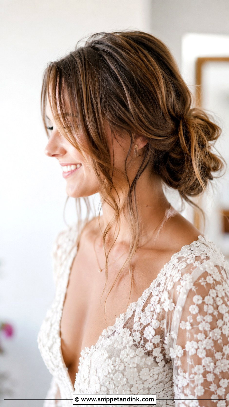 Tousled Low Bun With Curtain Bangs - Snippet and Ink - 20 Wedding Hair with Curtain Bangs Ideas