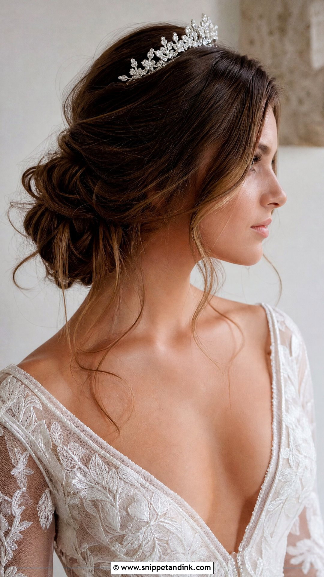Tousled Low Updo With Tiara - Snippet and Ink - 25 Bridal Hairstyles with Crown