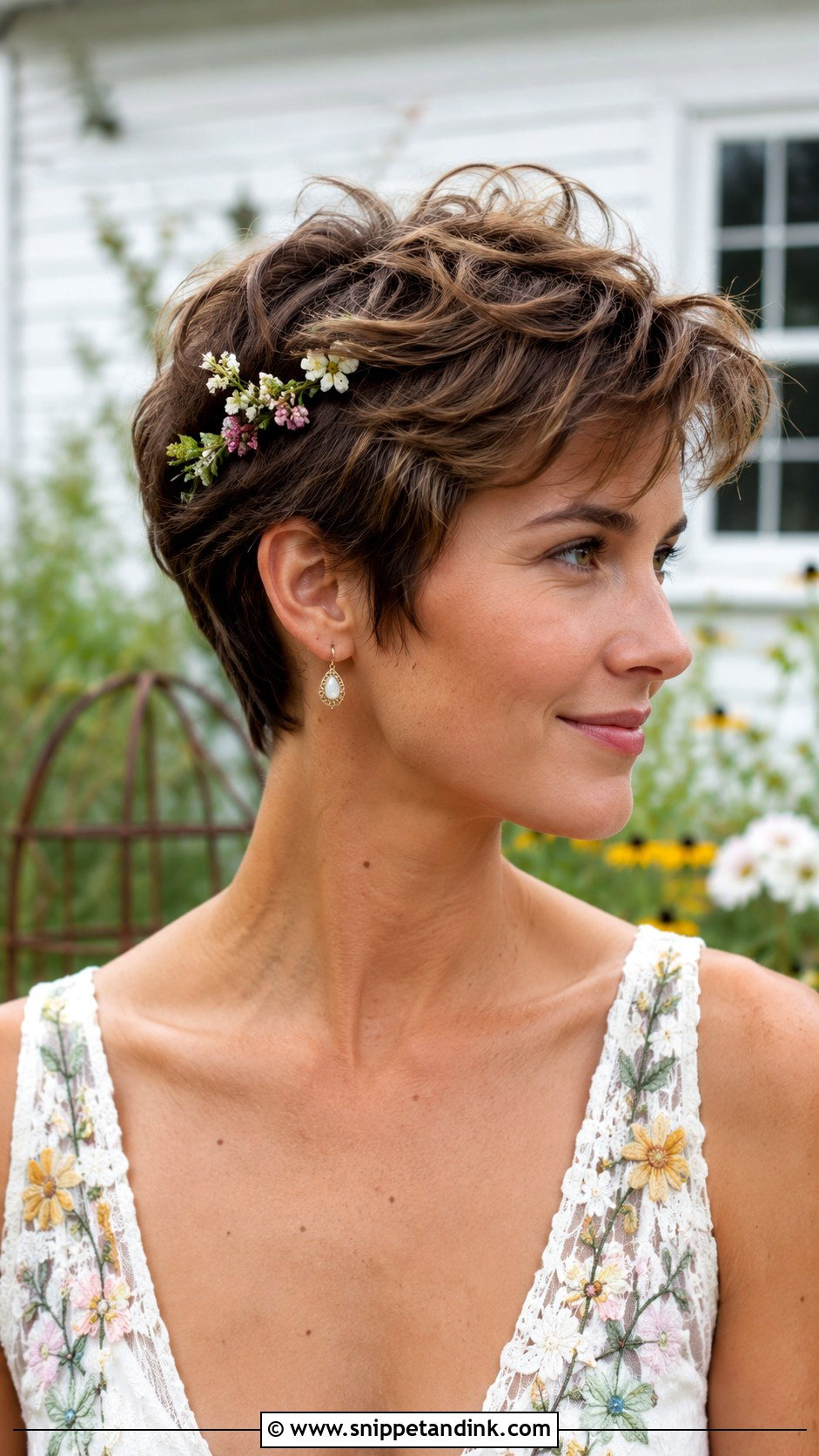Tousled Pixie With Floral Pins - Snippet and Ink - 25 Pixie Cut Wedding Hair Ideas