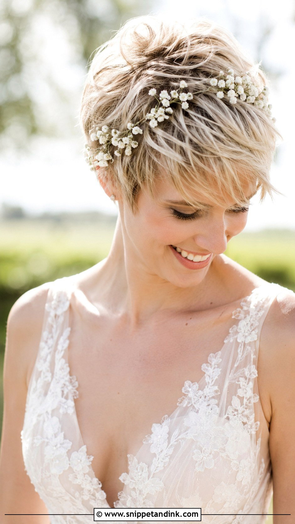 Tousled Pixie With Flowers - Snippet and Ink - 25 Simple Wedding Hairstyles for Short Hair