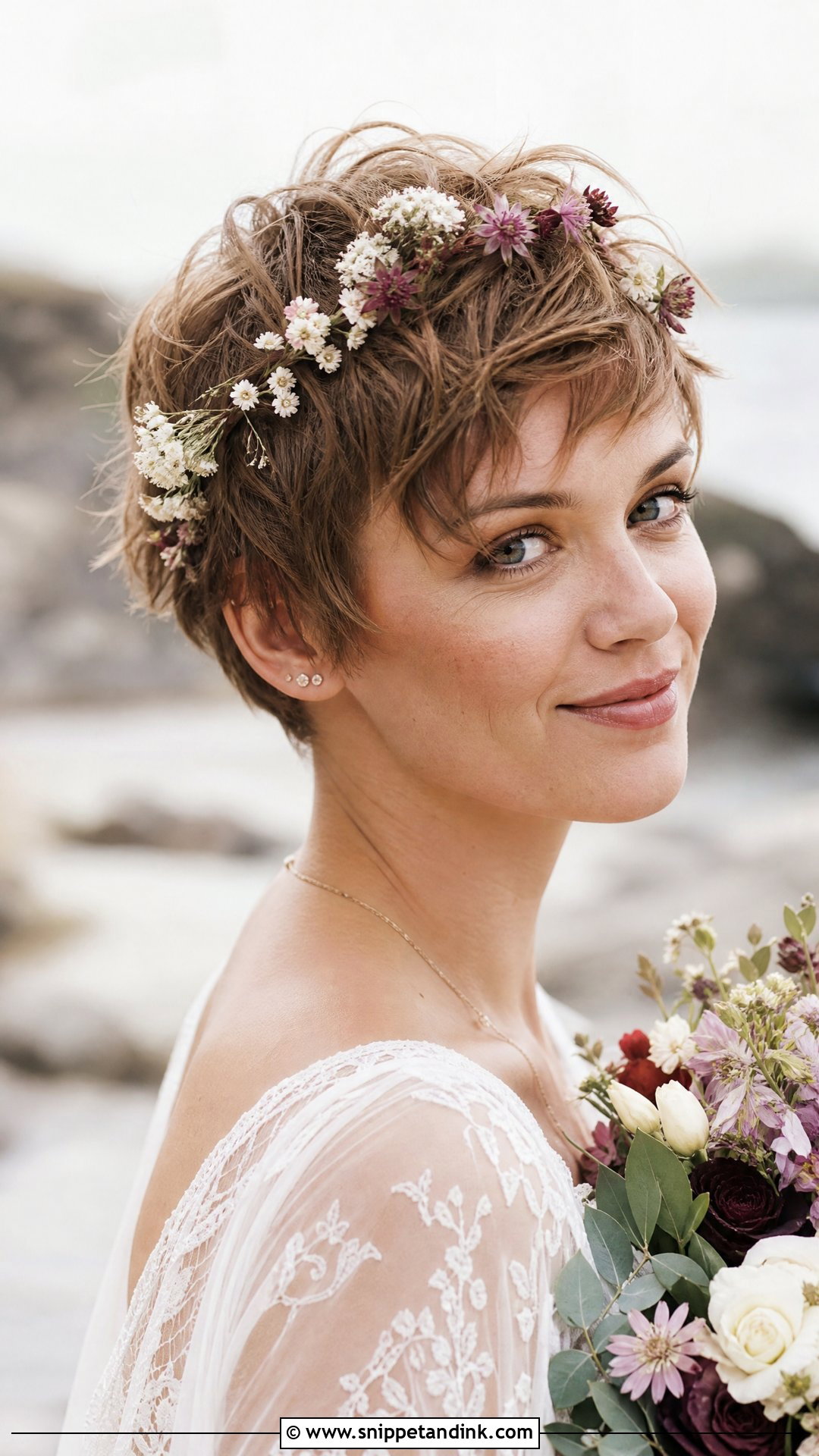 Tousled Pixie With Flowers - Snippet and Ink - 20 Wedding Hairstyle Shorthair Ideas