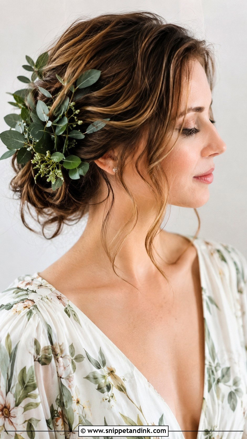 Tousled Side Updo With Greenery - Snippet and Ink - 25 Side Updo Wedding Hair Ideas