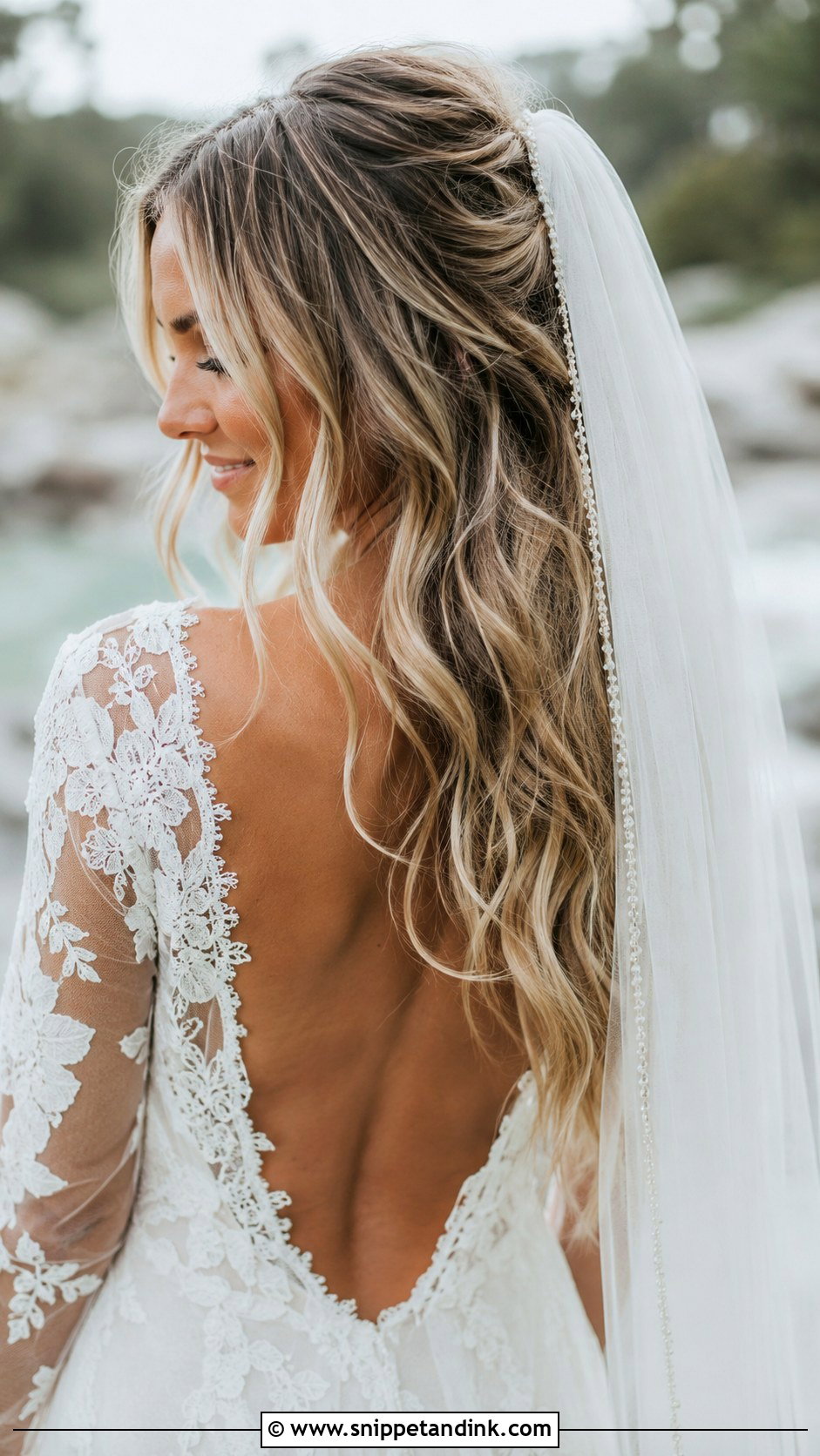 Tousled Textured Waves with Cathedral Veil - Snippet and Ink - 25 Cathedral Veil with Hair Down Ideas