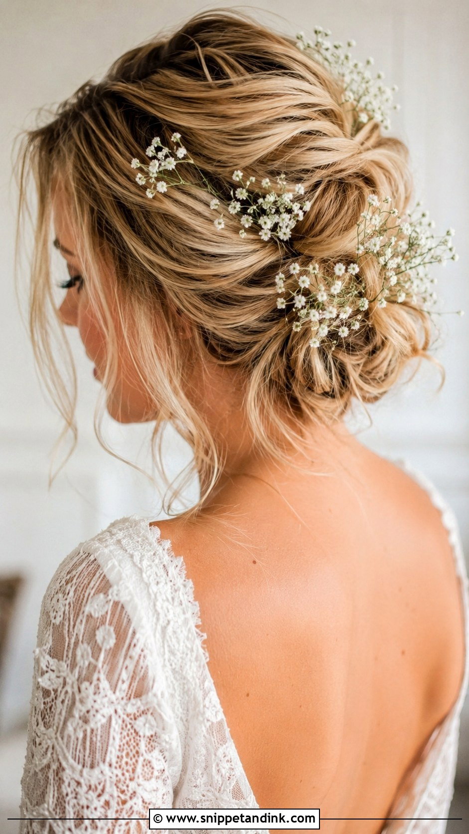 Tousled Updo With Babys Breath - Snippet and Ink - 20 Quick Easy Updos for Short Hair Shoulder Length Wedding Hairstyles
