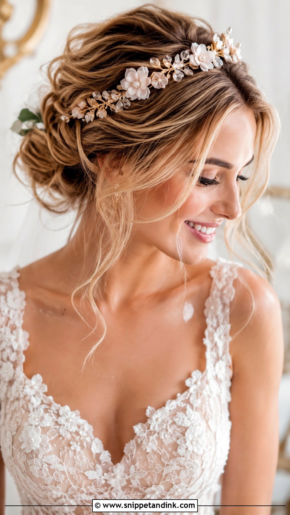Tousled Updo With Floral Tiara - Snippet and Ink - 20 Bridal Hair Tiara Ideas