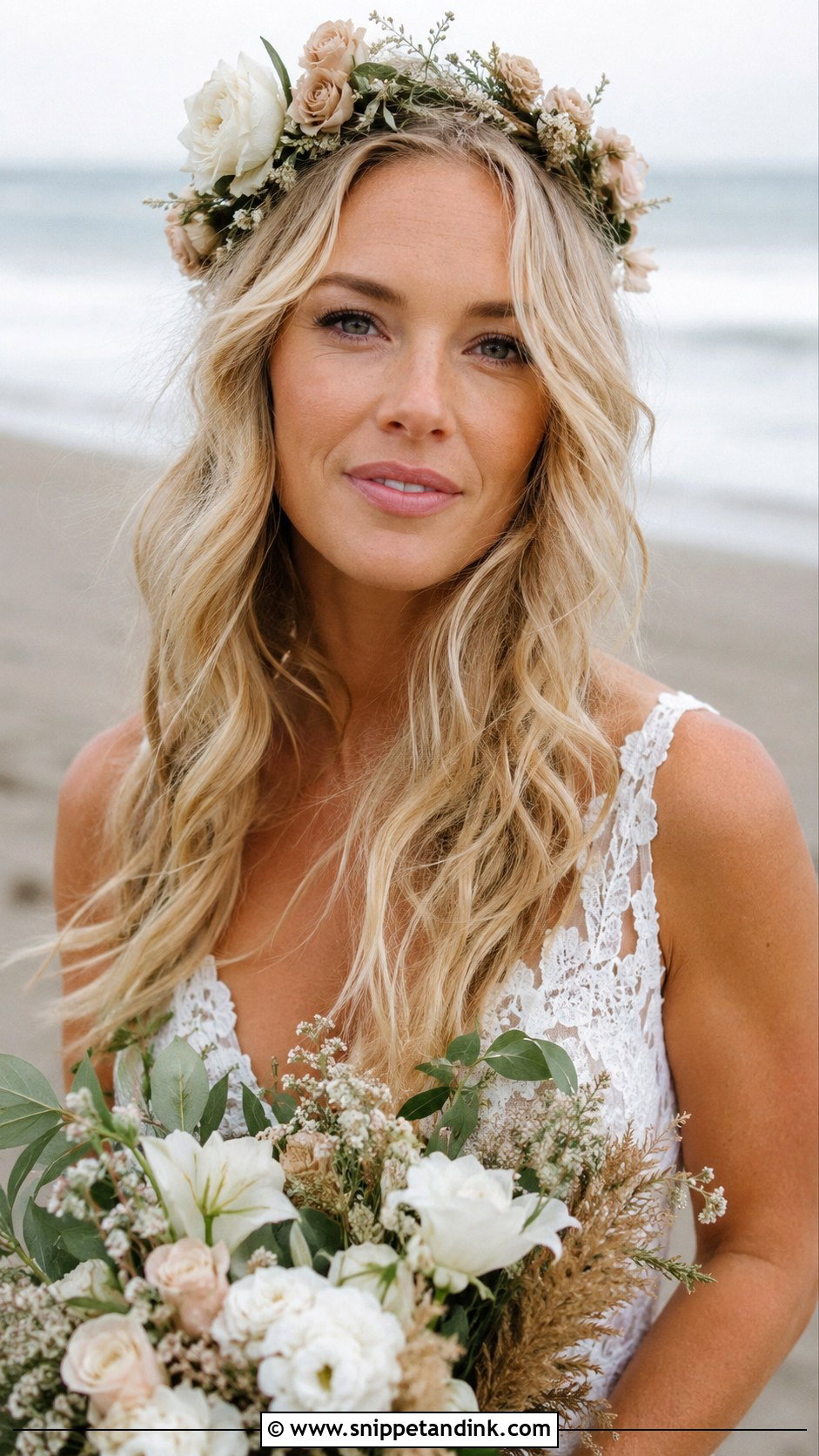 Tousled Waves With Flower Crown - Snippet and Ink - 20 Beach Wedding Hairstyles for Long Hair