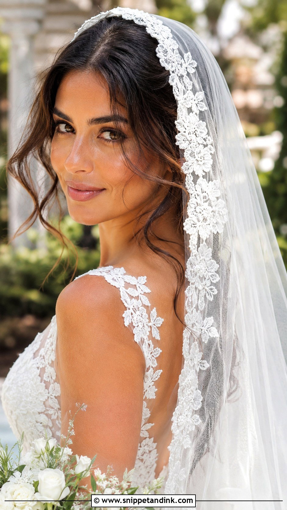 Tousled Waves With Mantilla Veil - Snippet and Ink - 25 Hair Down with Veil Ideas