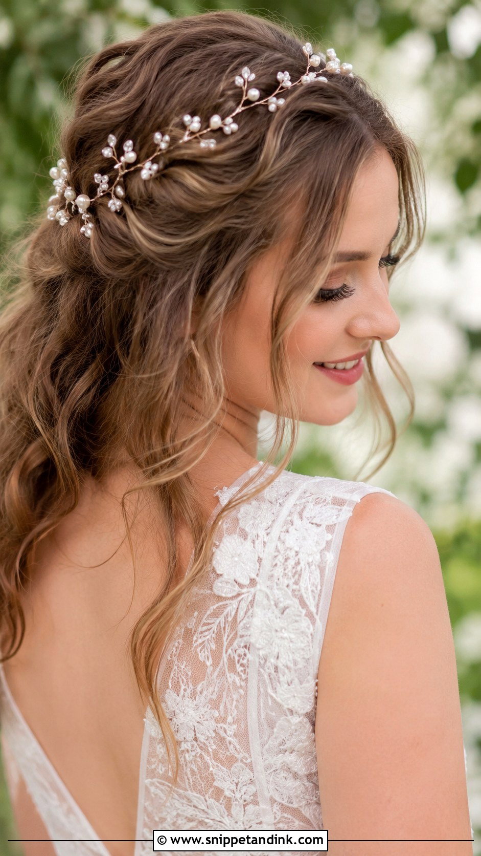 Tousled Waves With Pearl Hair Vine - Snippet and Ink - 20 Bridal Hair Down with Headpiece Ideas