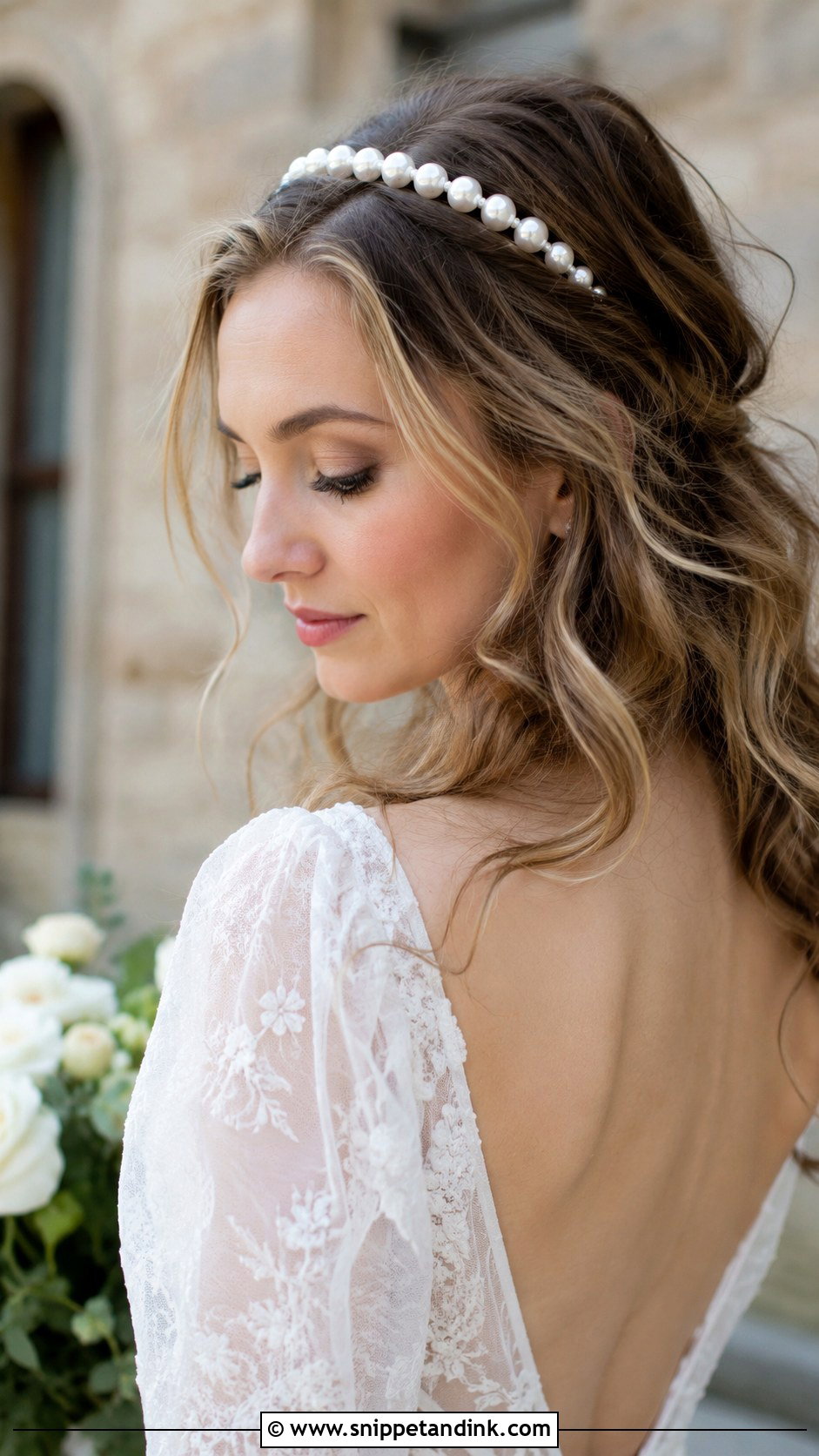 Tousled Waves With Pearl Headband - Snippet and Ink - 20 Hairband Wedding Hairstyle Ideas