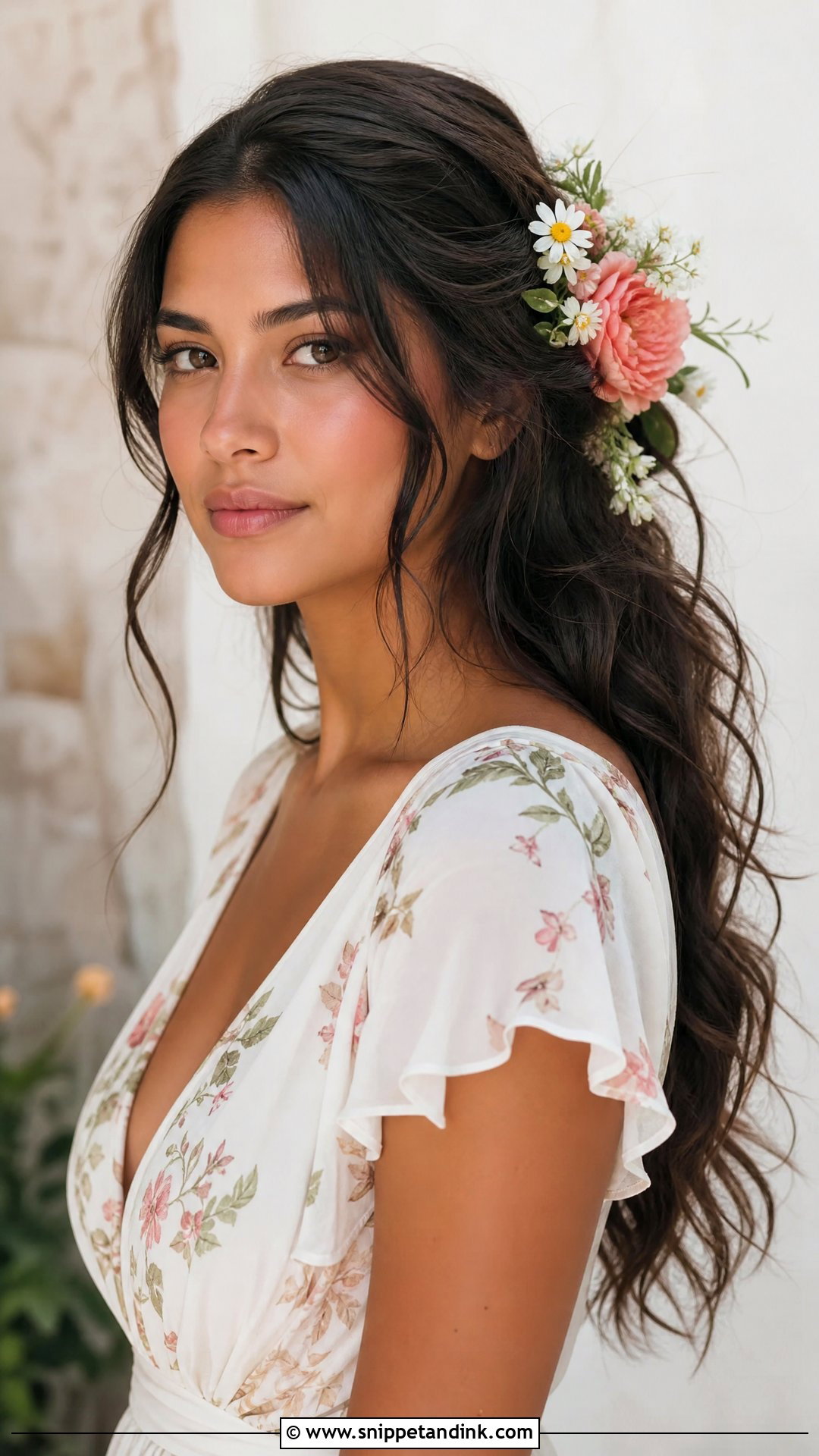 Tousled Waves With a Floral Hairpiece - Snippet and Ink - 20 Medium Length Wedding Hair All Down Ideas