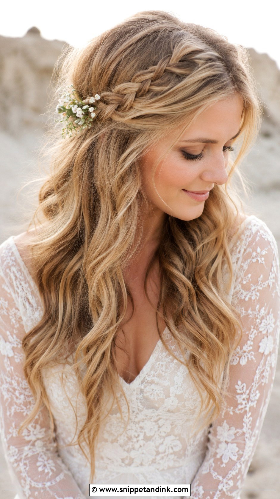 Tousled Waves with Side Braid - Snippet and Ink - 25 Medium Length Bridal Hairstyles