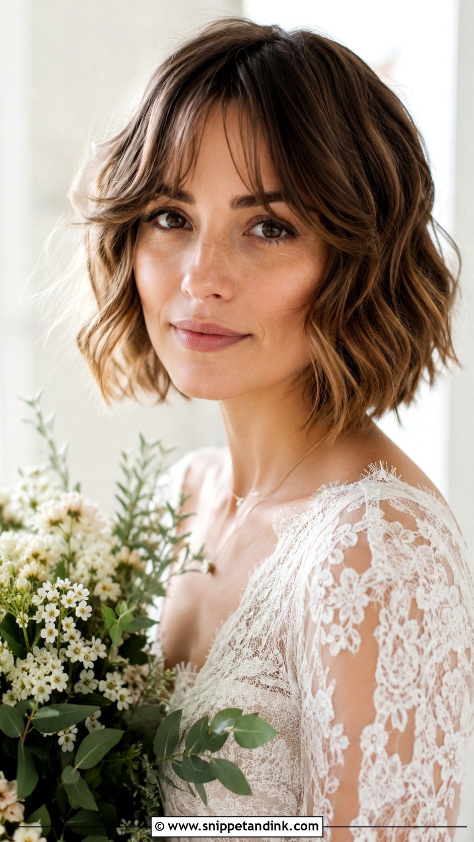 Tousled Wavy Bob With Curtain Bangs - Snippet and Ink - 20 Bob Bridal Hair Ideas