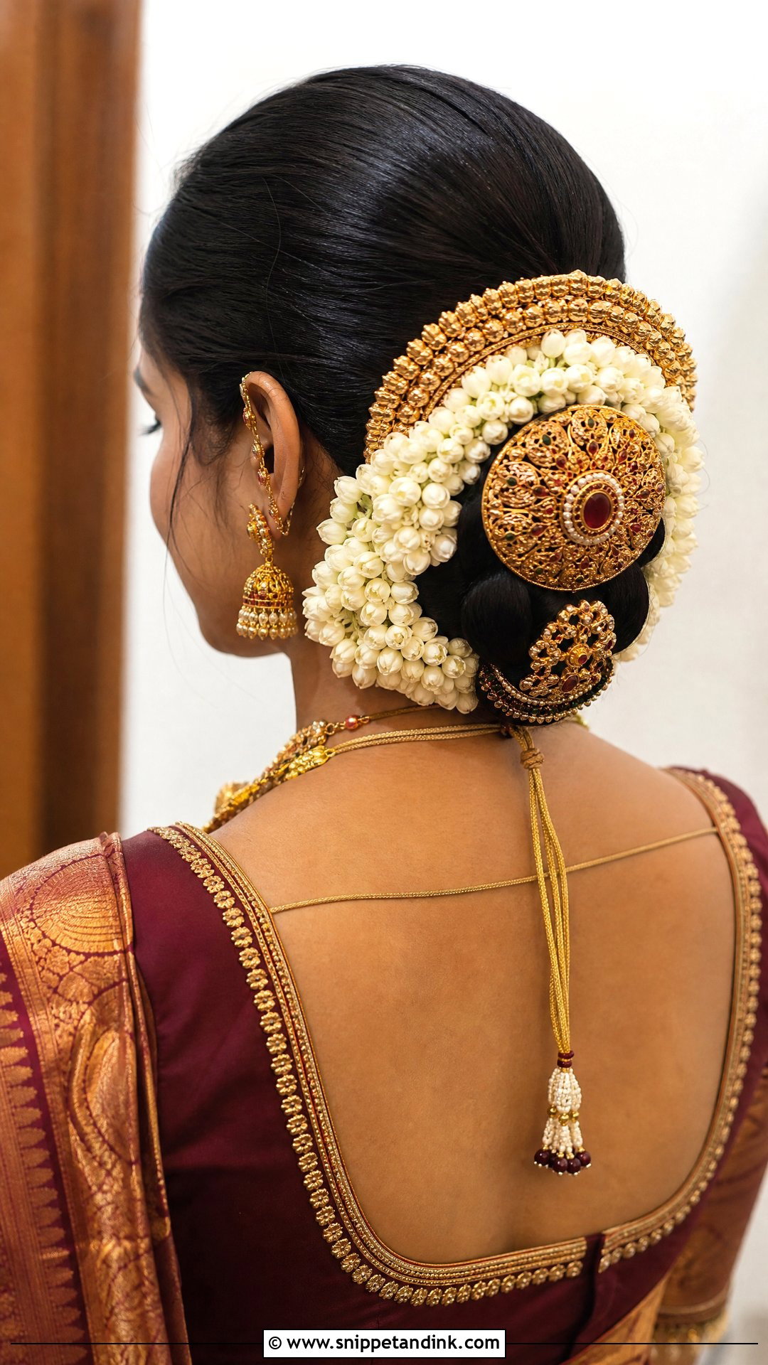Traditional Bun With Gold Hair Ornaments - Snippet and Ink - 20 Bridal Muhurtham Hairstyle Ideas