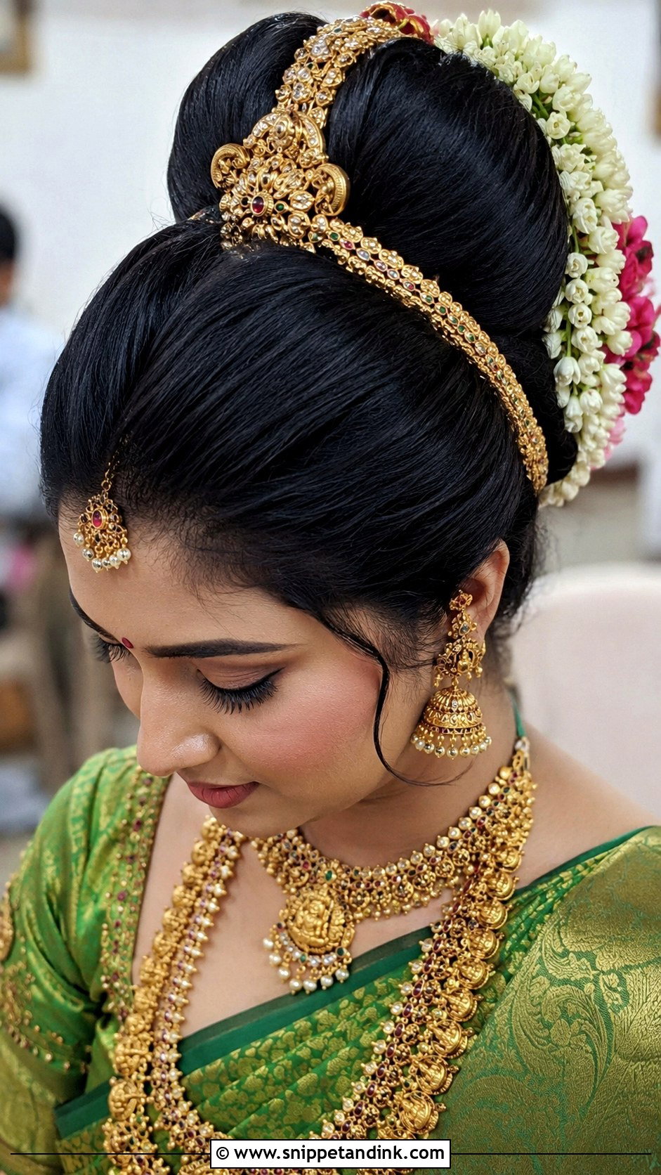 Traditional Bun with Gold Ornaments - Snippet and Ink - 25 South Indian Bride Muhurtham Hairstyle Ideas