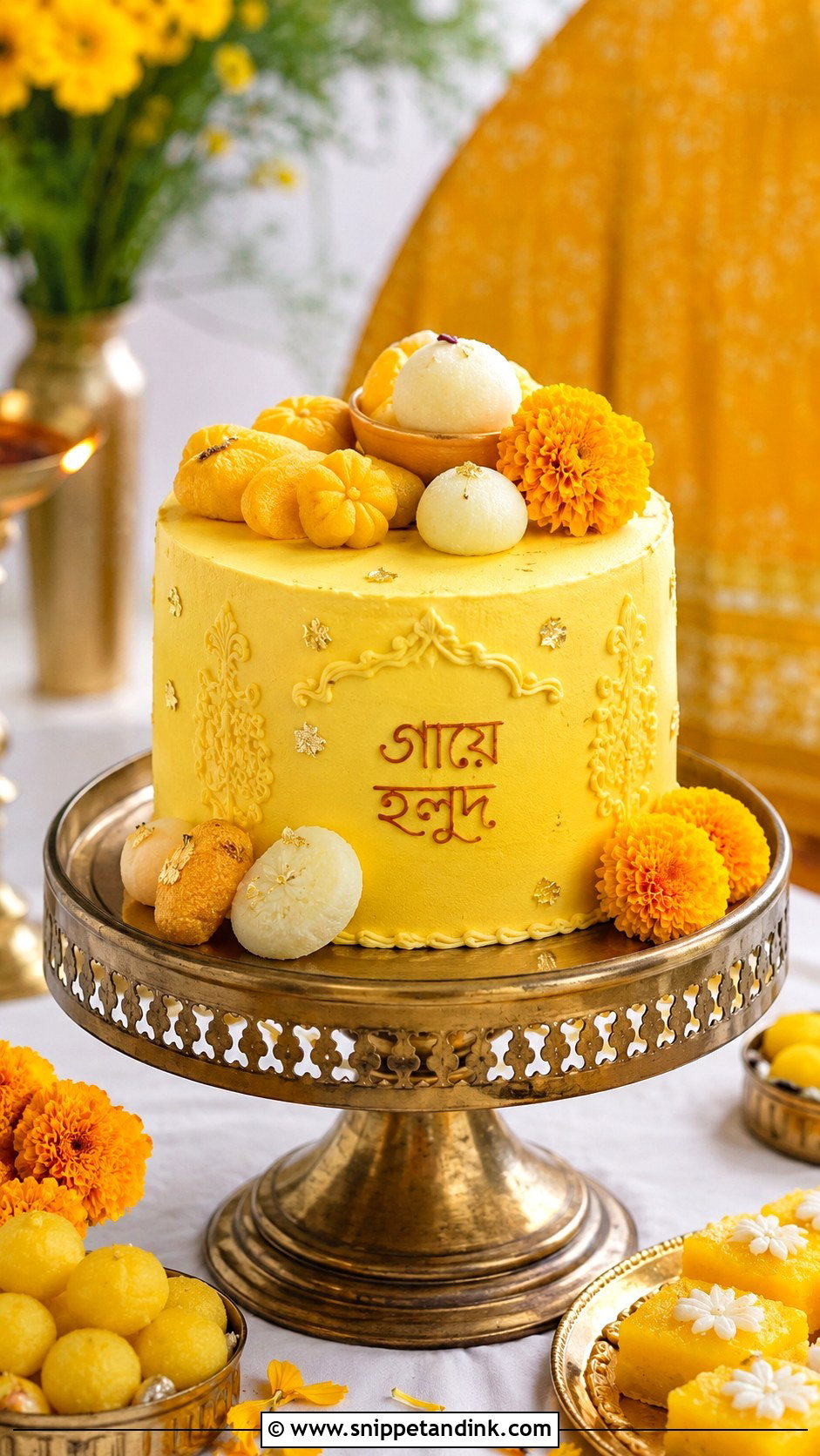 Traditional Sweet Gaye Holud Cake - Snippet and Ink - 20 Gaye Holud Cake Design Ideas