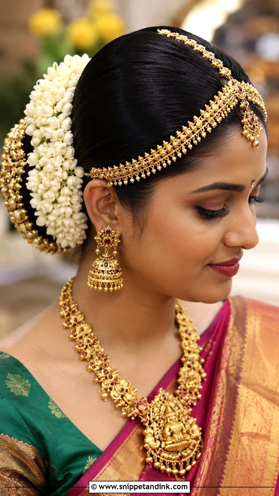 Traditional Temple Bun With Gold Accessory - Snippet and Ink - 25 Hindu Bride Hairstyle Ideas