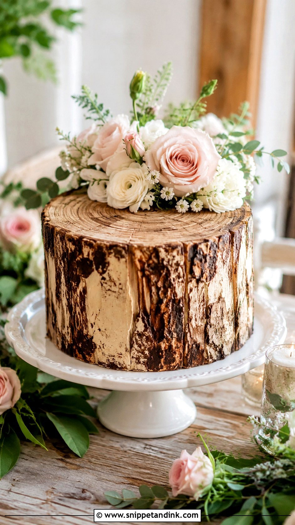 Tree Stump Wedding Cake With Flowers - Snippet and Ink - 20 Tree Stump Cake Ideas for Wedding