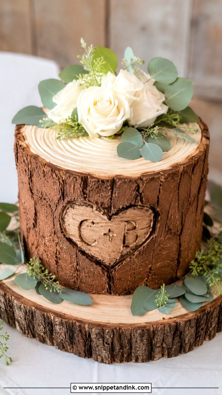 Tree Stump Wedding Cake With Initials - Snippet and Ink - 20 Tree Stump Cake Ideas for Wedding