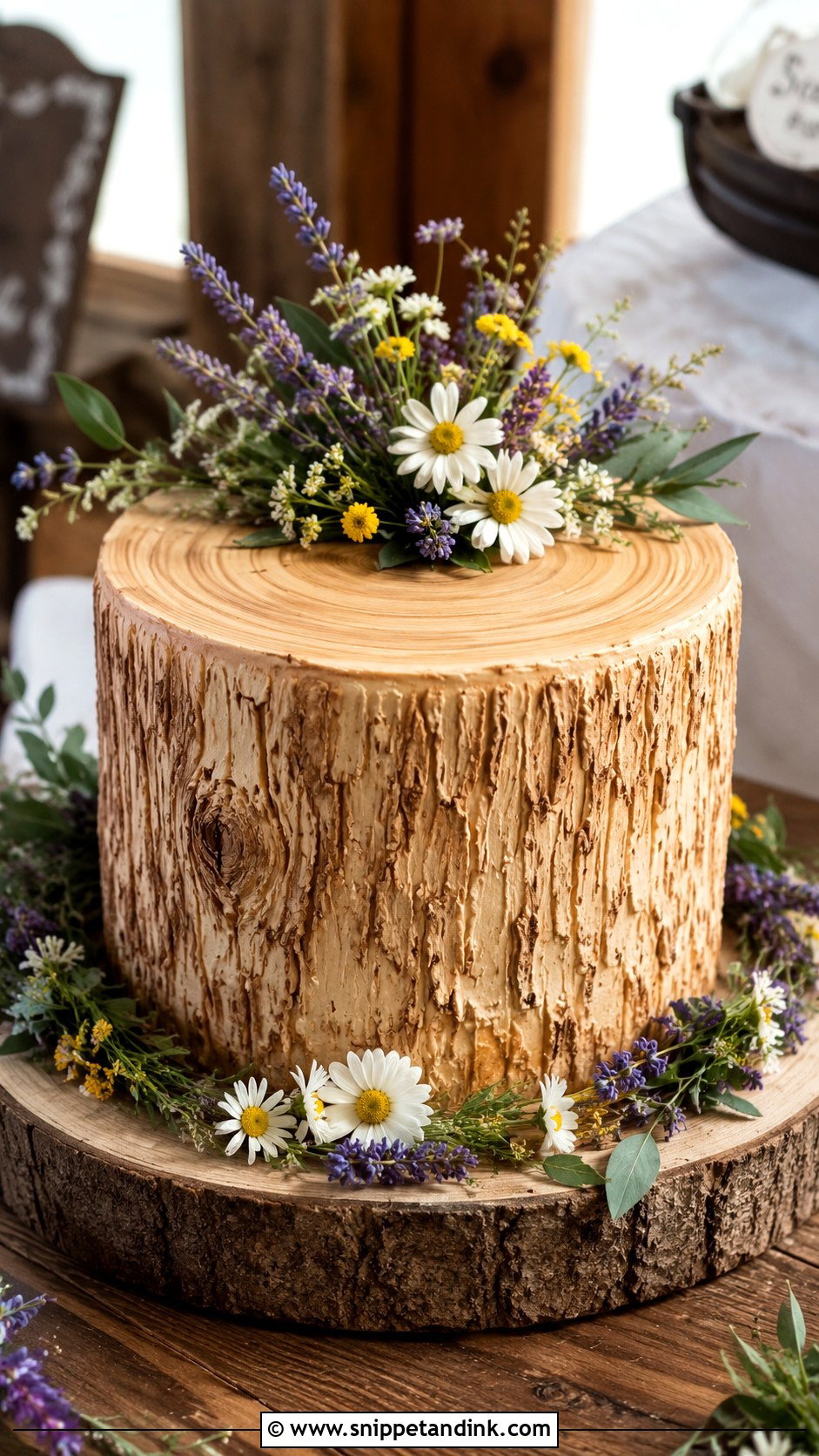 Tree Stump Wedding Cake With Wildflowers - Snippet and Ink - 20 Tree Stump Cake Ideas for Wedding