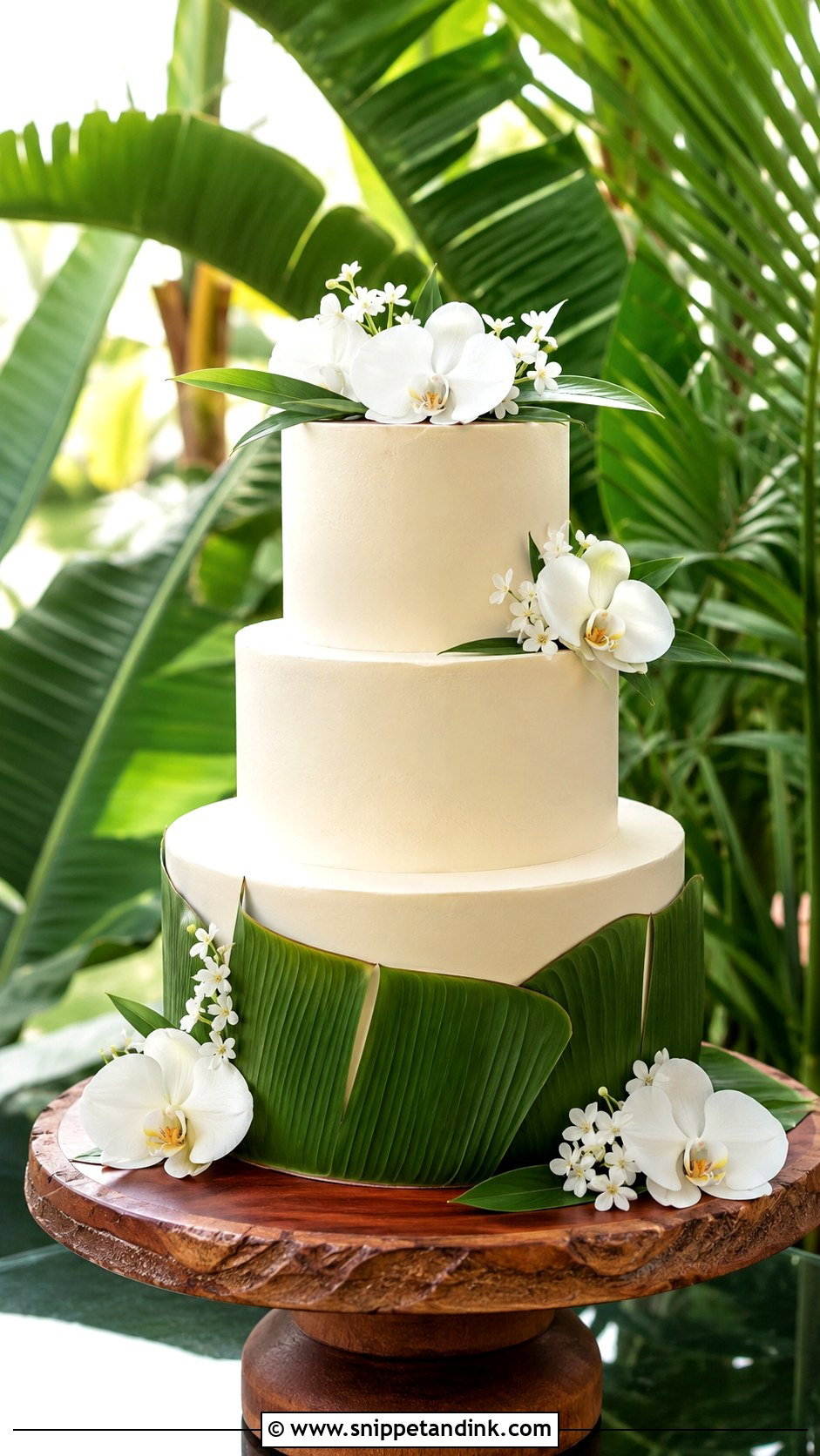 Tropical Wedding Cake With Banana Leaves - Snippet and Ink - 25 Elegant Tropical Wedding Cake Ideas