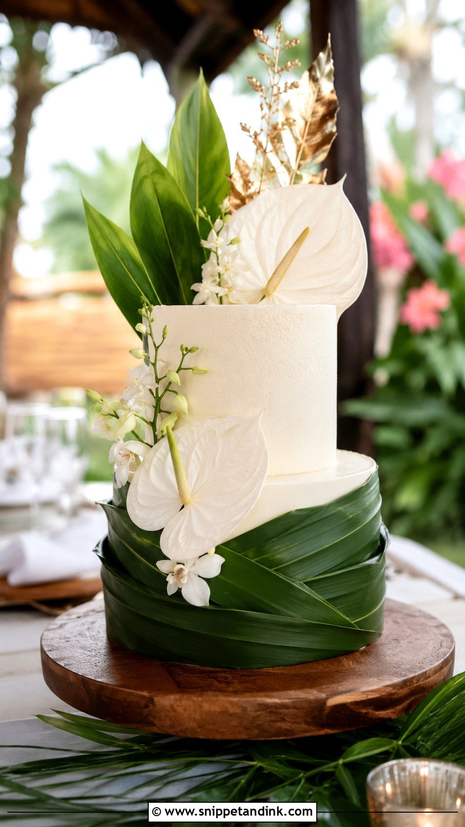 Tropical Wedding Cake With Banana Leaves - Snippet and Ink - 20 Tropical Themed Wedding Cake Ideas