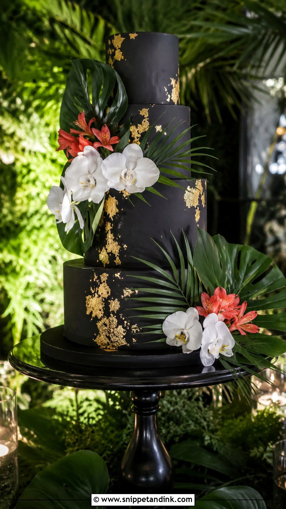 Tropical Wedding Cake With Black Fondant - Snippet and Ink - 25 Elegant Tropical Wedding Cake Ideas