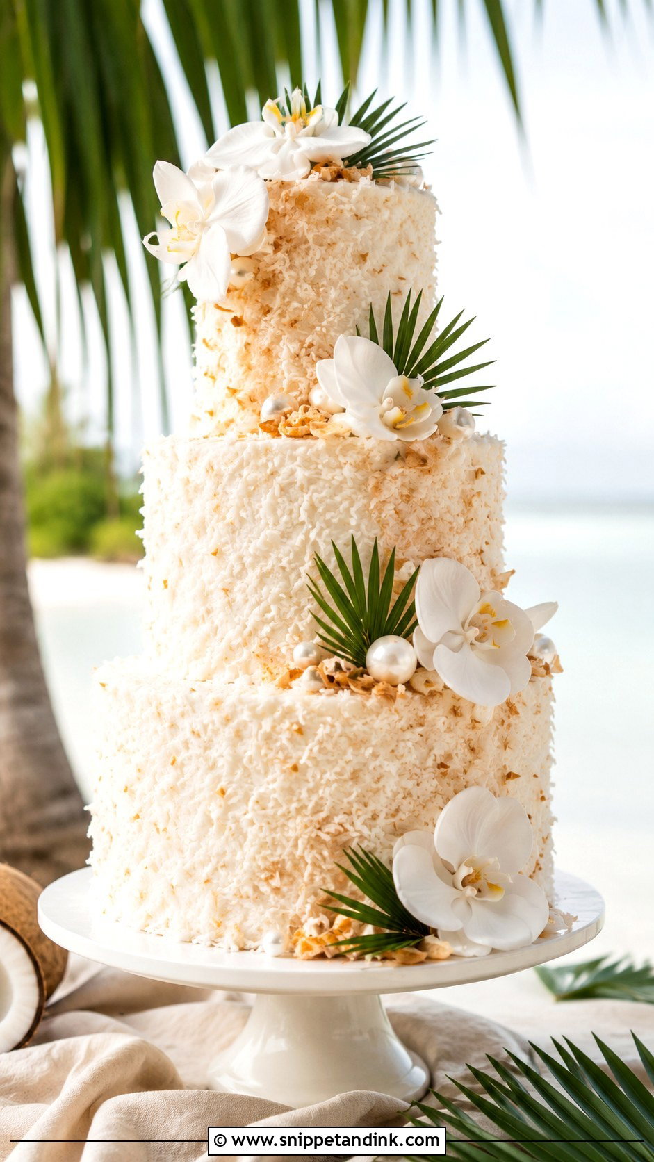 Tropical Wedding Cake With Coconut Frosting - Snippet and Ink - 25 Elegant Tropical Wedding Cake Ideas