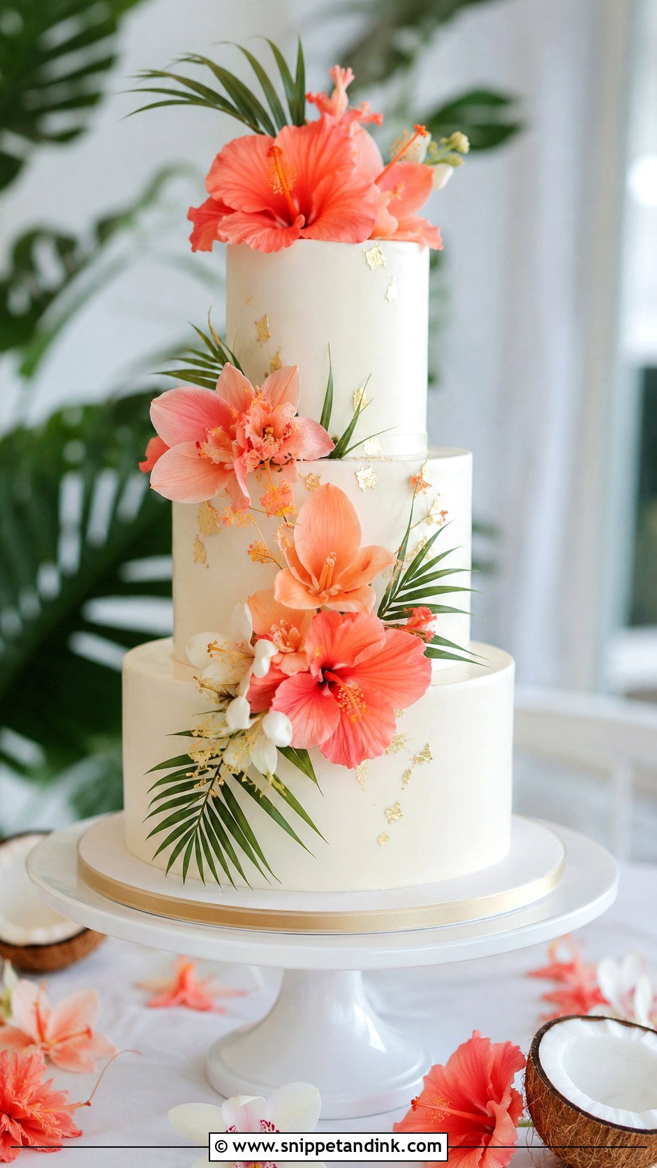 Tropical Wedding Cake With Coral Flowers - Snippet and Ink - 25 Elegant Tropical Wedding Cake Ideas