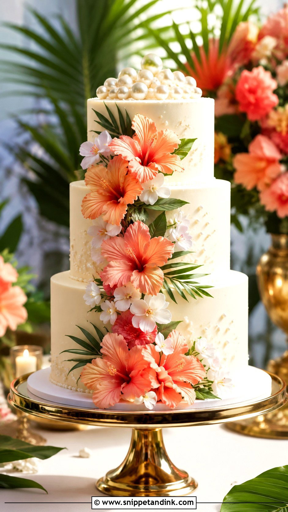 Tropical Wedding Cake With Coral Flowers - Snippet and Ink - 20 Tropical Themed Wedding Cake Ideas