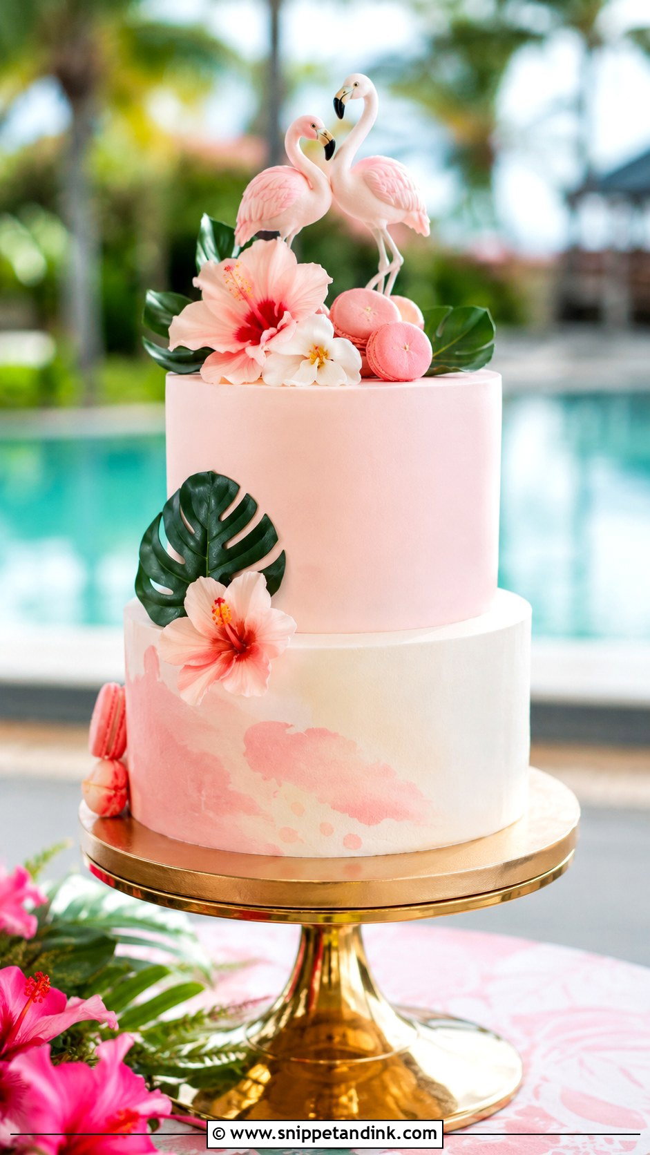 Tropical Wedding Cake With Flamingo Topper - Snippet and Ink - 20 Tropical Themed Wedding Cake Ideas