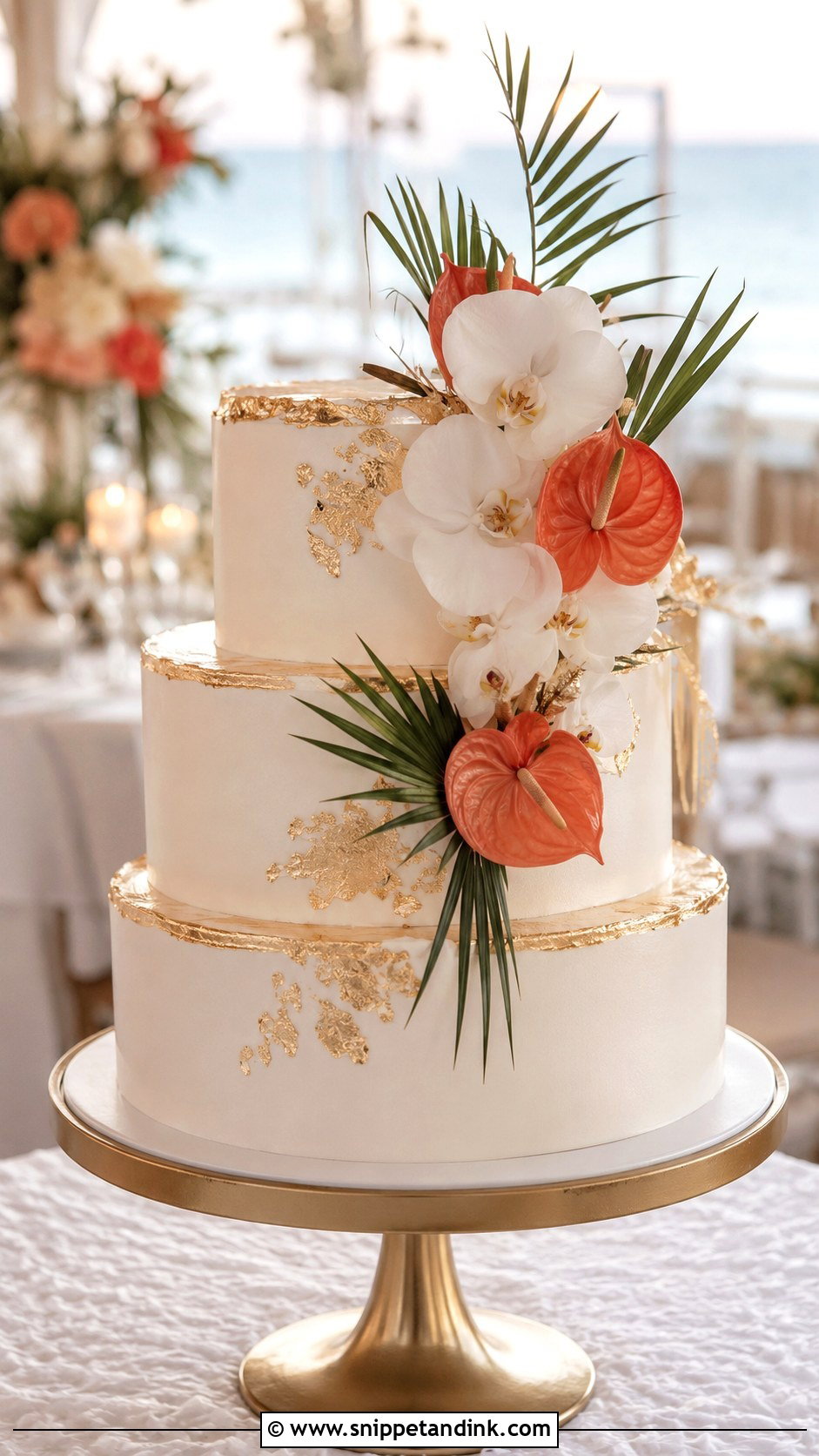 Tropical Wedding Cake With Gold Leaf - Snippet and Ink - 25 Elegant Tropical Wedding Cake Ideas