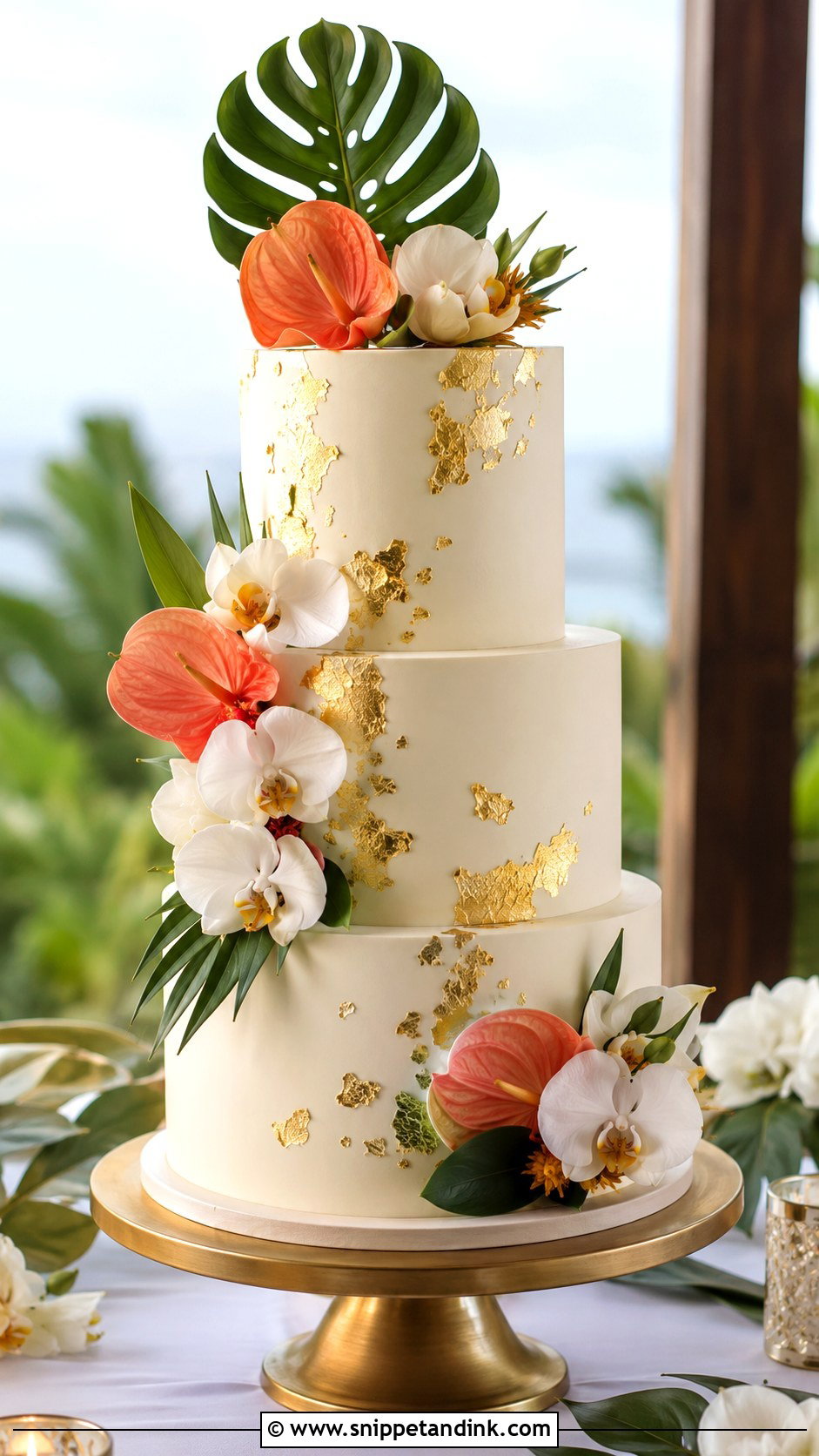 Tropical Wedding Cake With Gold Leaf - Snippet and Ink - 20 Tropical Themed Wedding Cake Ideas