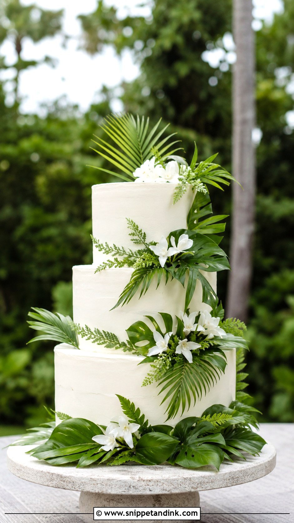 Tropical Wedding Cake With Greenery - Snippet and Ink - 25 Elegant Tropical Wedding Cake Ideas