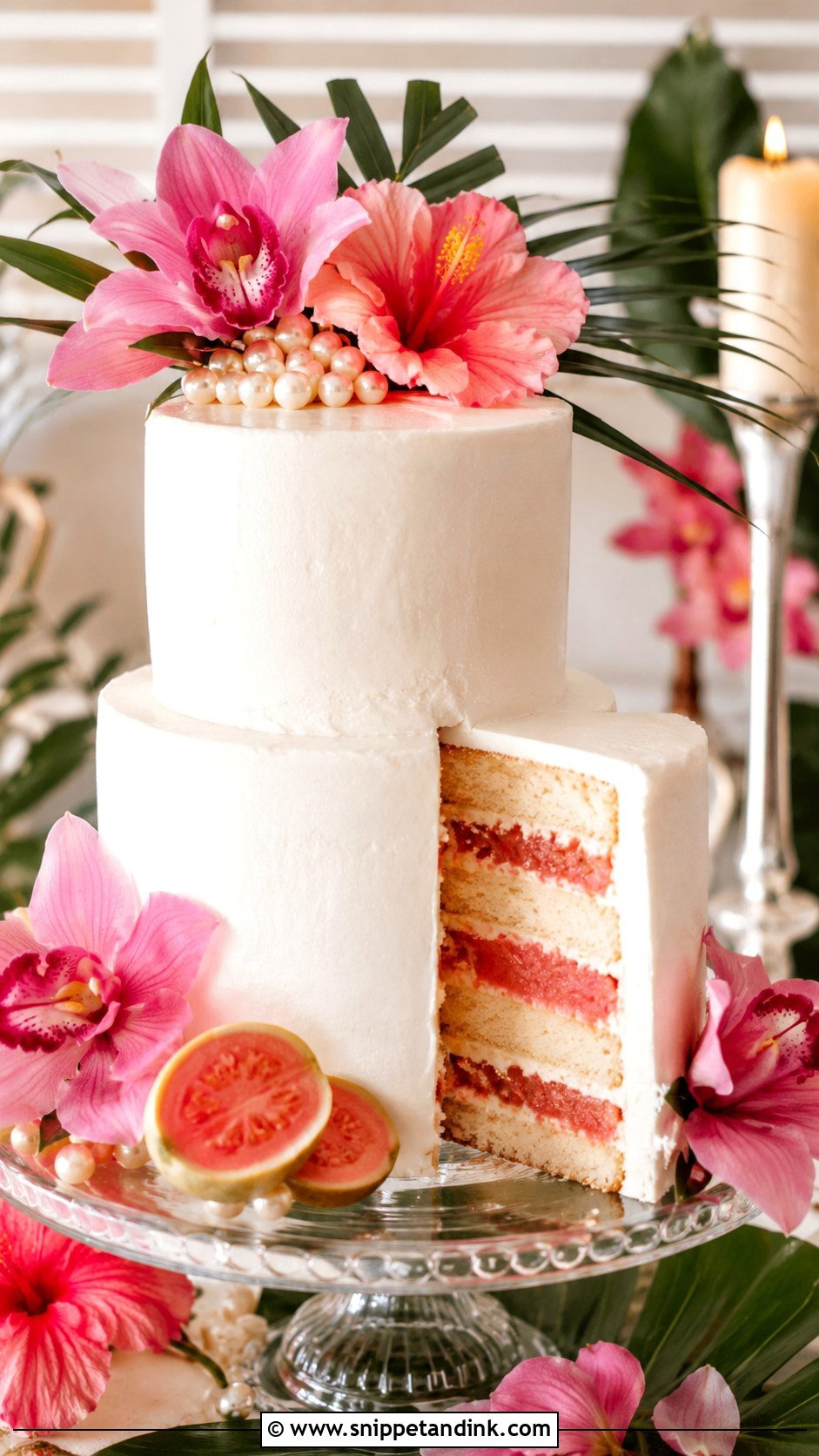 Tropical Wedding Cake With Guava Filling - Snippet and Ink - 20 Tropical Themed Wedding Cake Ideas