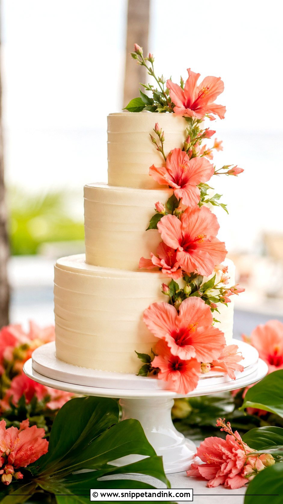 Tropical Wedding Cake With Hibiscus Flowers - Snippet and Ink - 25 Elegant Tropical Wedding Cake Ideas