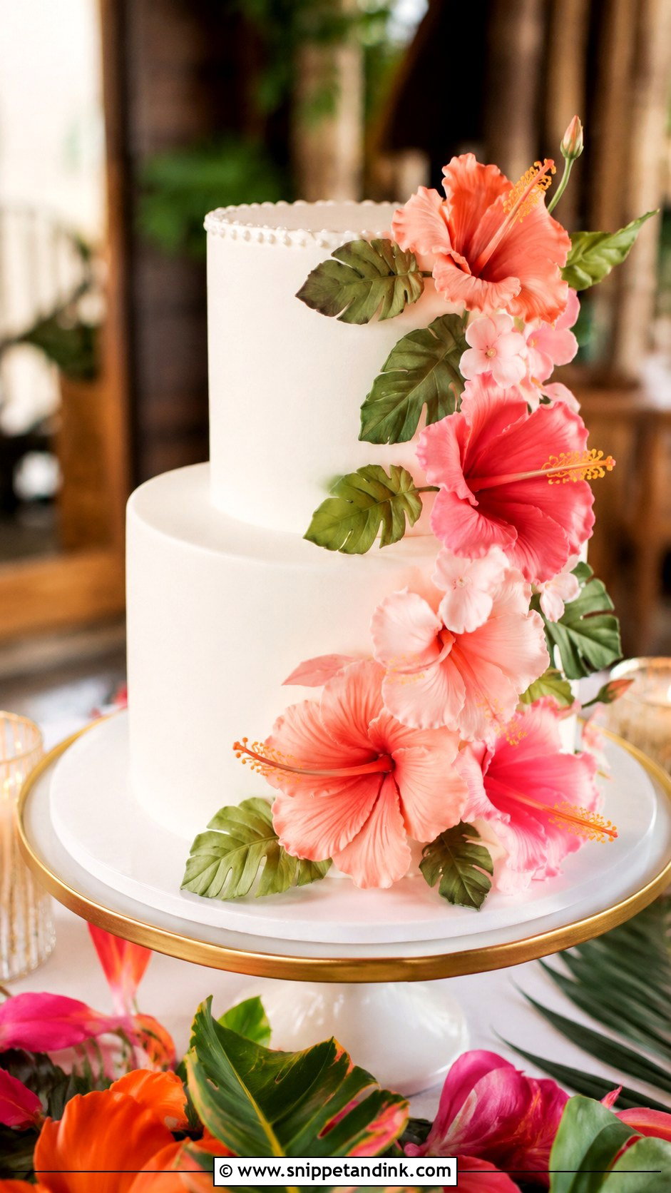 Tropical Wedding Cake With Hibiscus Flowers - Snippet and Ink - 20 Tropical Themed Wedding Cake Ideas