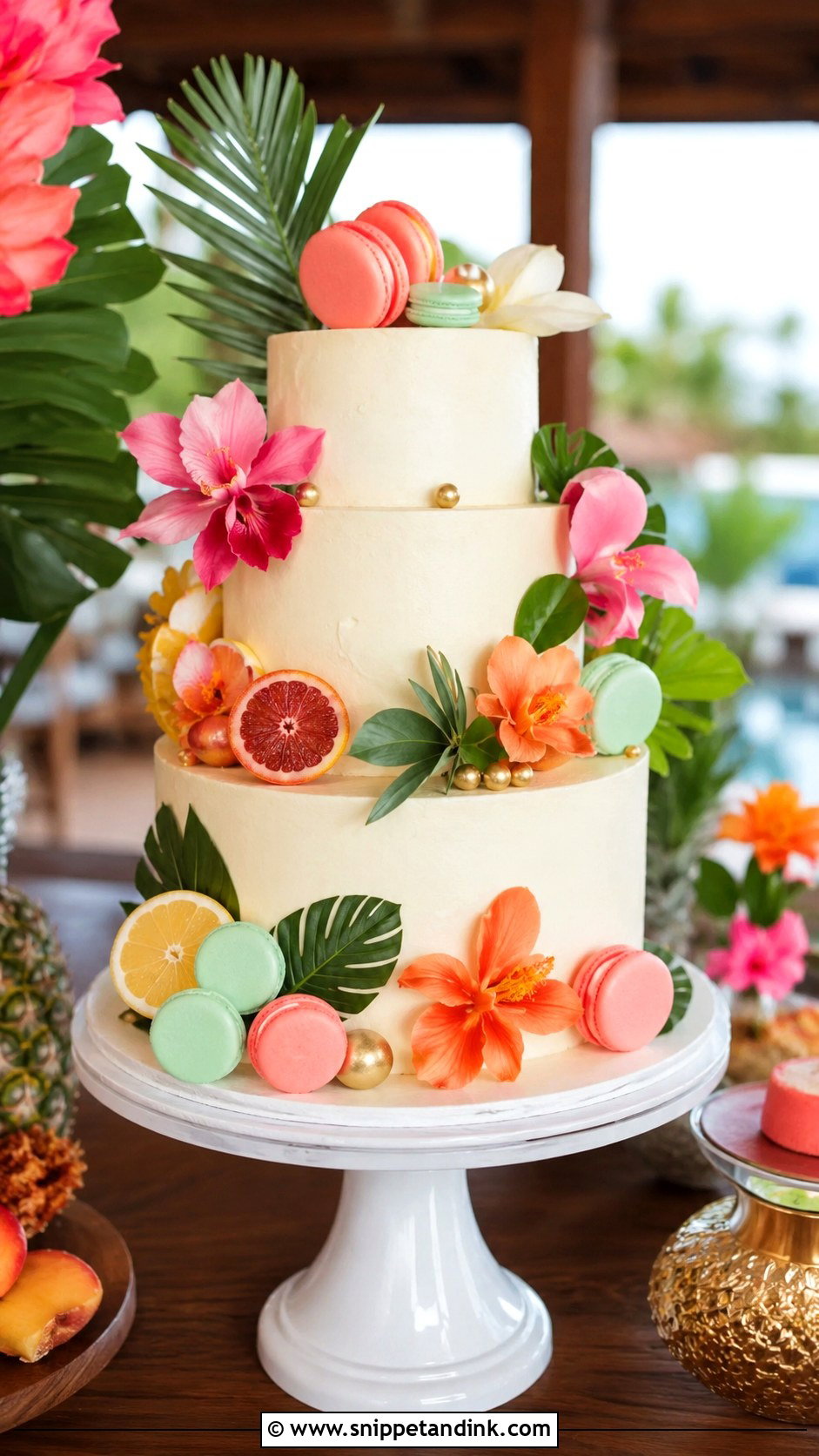Tropical Wedding Cake With Macarons - Snippet and Ink - 20 Tropical Themed Wedding Cake Ideas