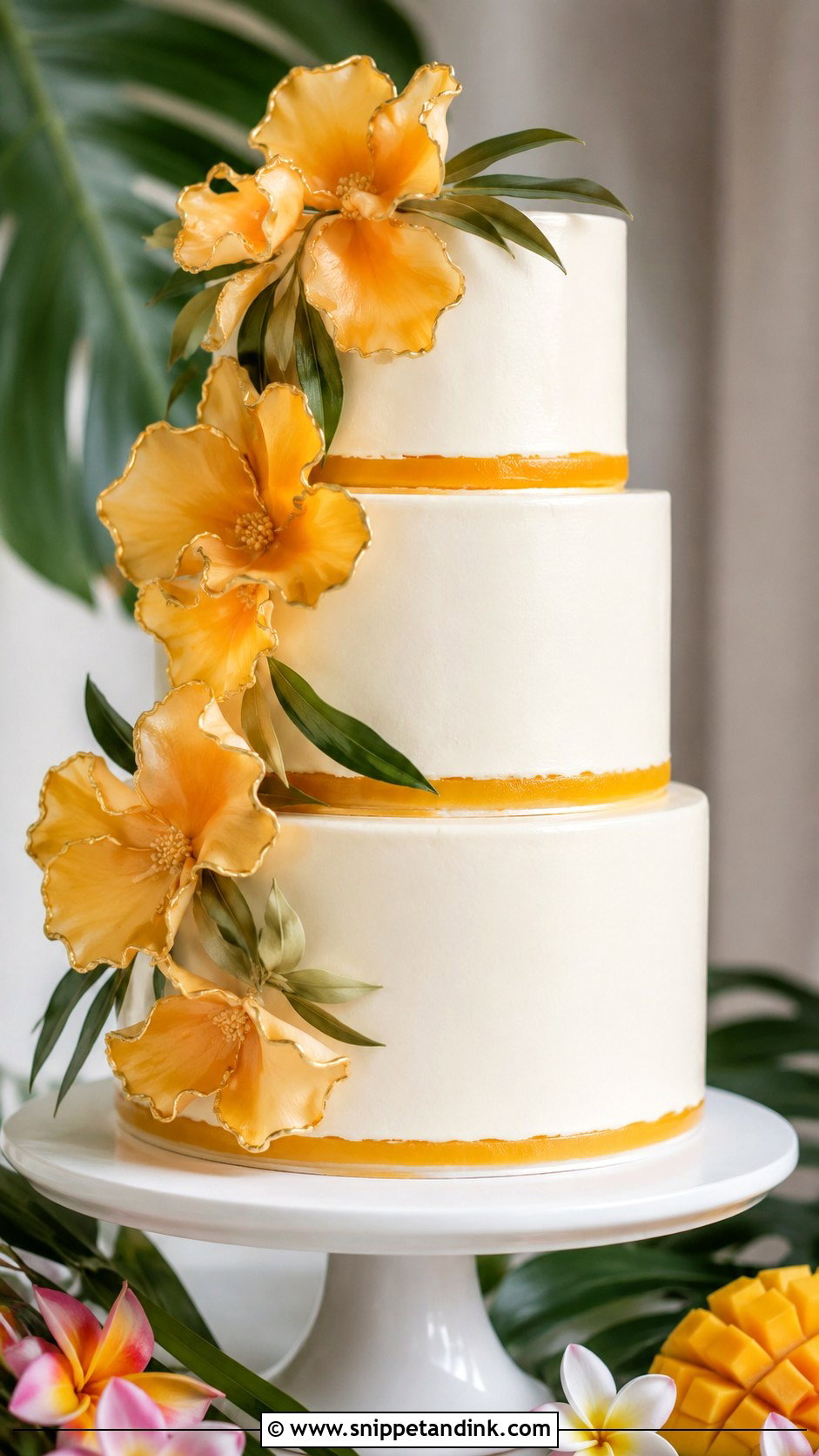 Tropical Wedding Cake With Mango Filling - Snippet and Ink - 25 Elegant Tropical Wedding Cake Ideas