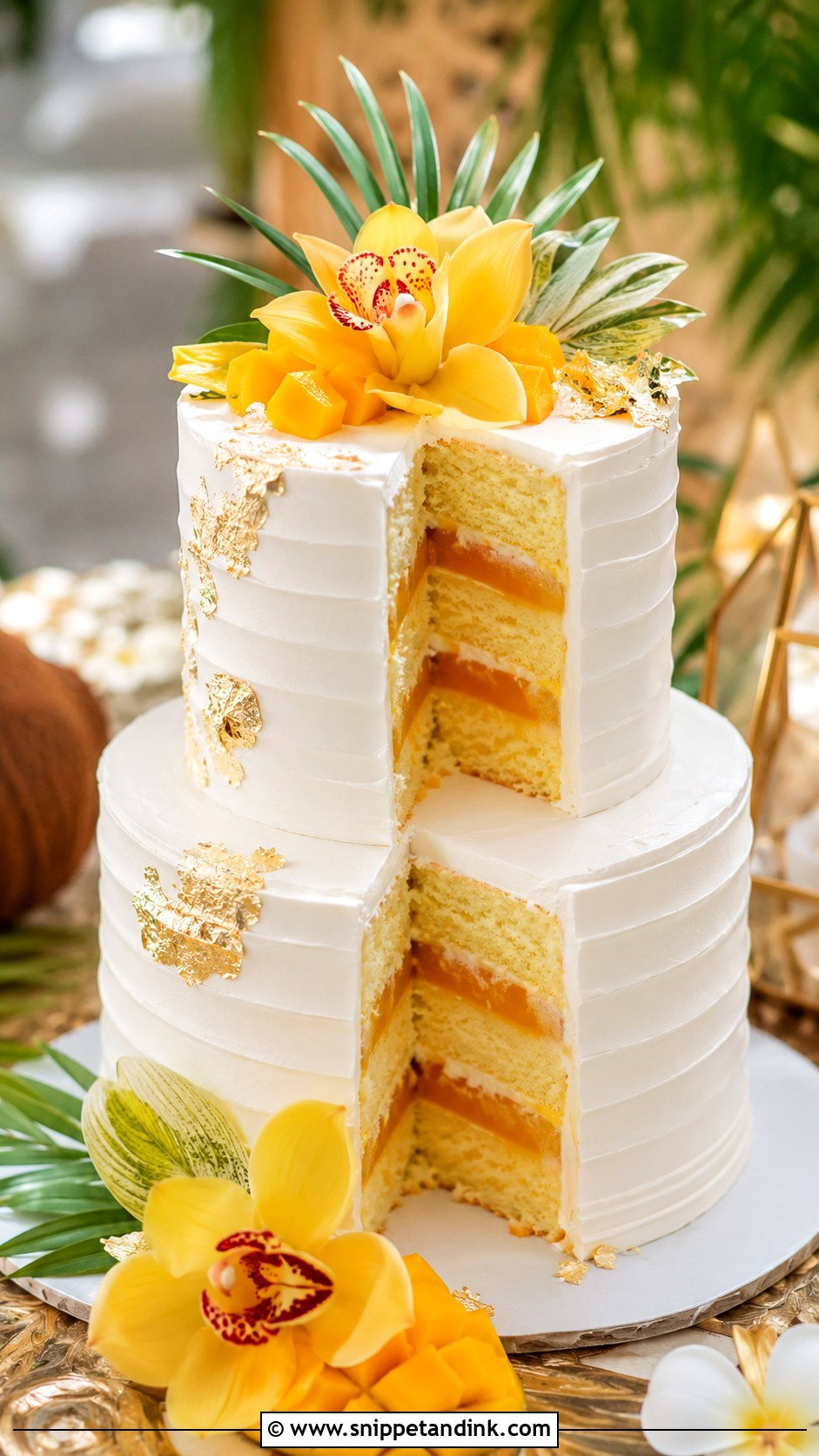 Tropical Wedding Cake With Mango Filling - Snippet and Ink - 20 Tropical Themed Wedding Cake Ideas