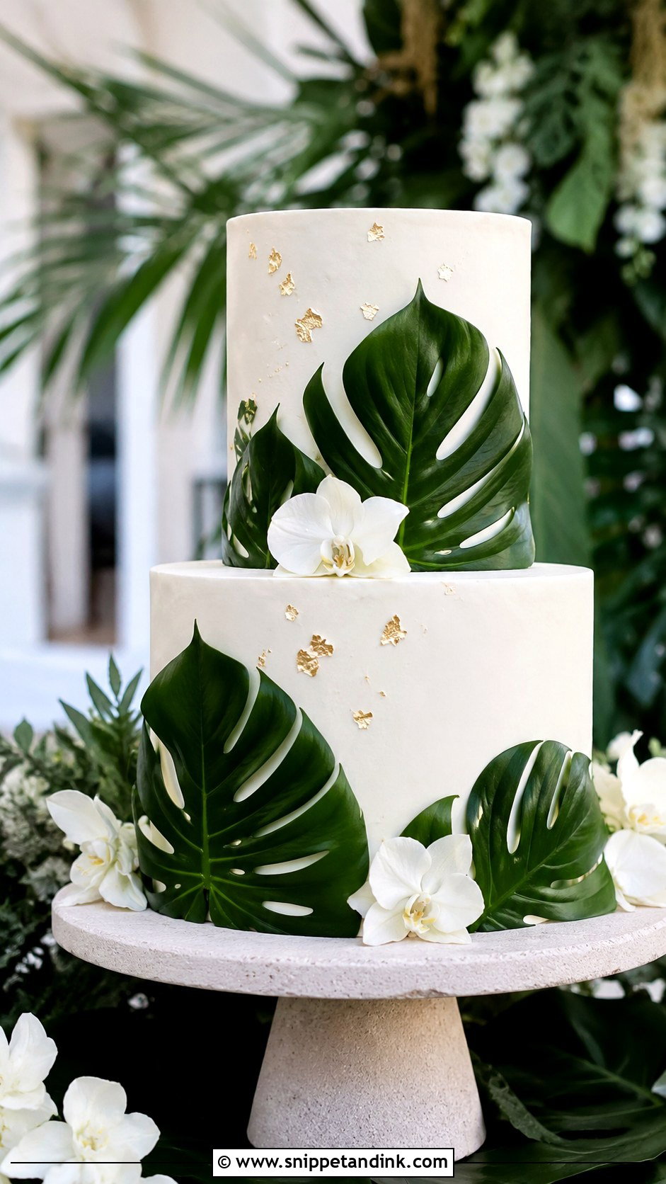 Tropical Wedding Cake With Monstera Leaves - Snippet and Ink - 20 Tropical Themed Wedding Cake Ideas