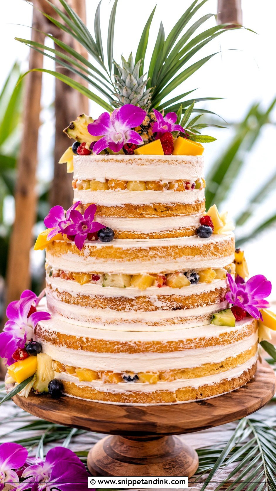 Tropical Wedding Cake With Naked Layers - Snippet and Ink - 20 Tropical Themed Wedding Cake Ideas