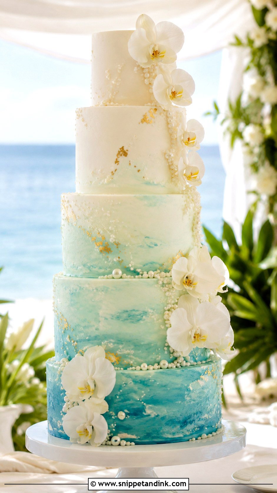 Tropical Wedding Cake With Ocean Blue Buttercream - Snippet and Ink - 25 Elegant Tropical Wedding Cake Ideas