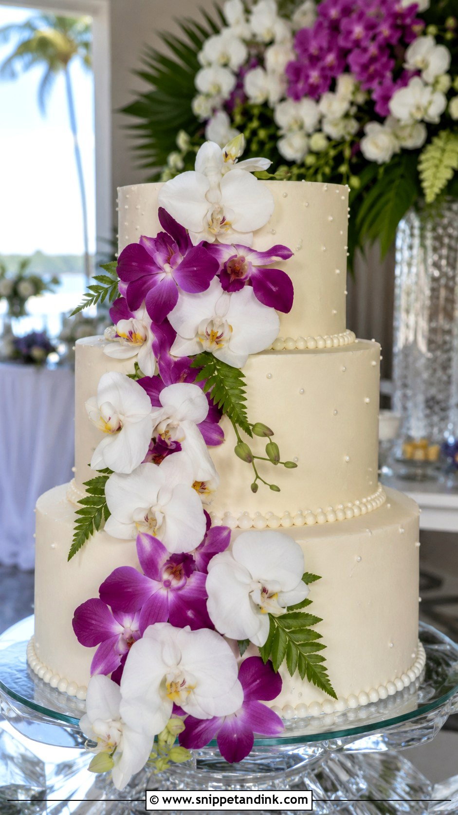 Tropical Wedding Cake With Orchids - Snippet and Ink - 20 Tropical Themed Wedding Cake Ideas