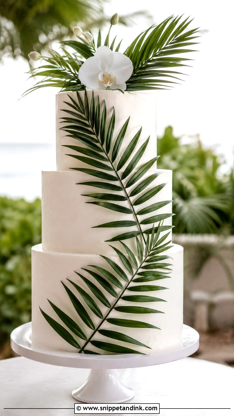 Tropical Wedding Cake With Palm Leaves - Snippet and Ink - 20 Tropical Themed Wedding Cake Ideas