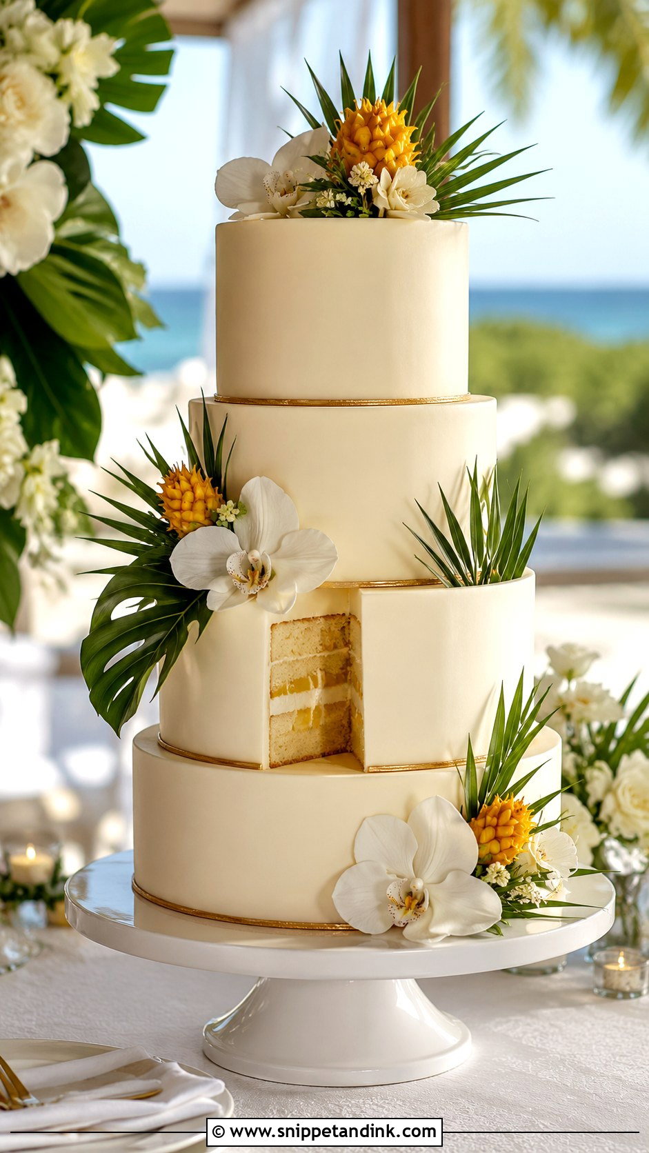 Tropical Wedding Cake With Pink Flowers - Snippet and Ink - 25 Elegant Tropical Wedding Cake Ideas