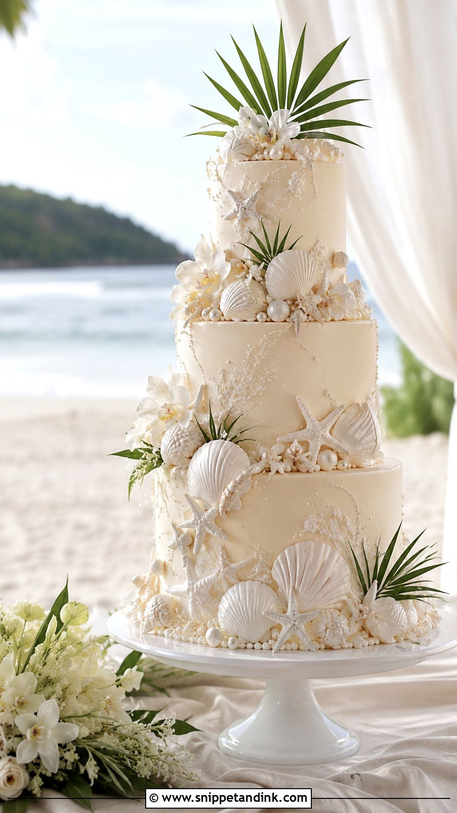 Tropical Wedding Cake With Seashells - Snippet and Ink - 25 Elegant Tropical Wedding Cake Ideas