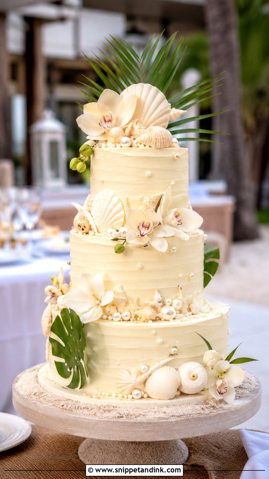 Tropical Wedding Cake With Seashells - Snippet and Ink - 20 Tropical Themed Wedding Cake Ideas